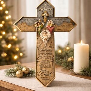 I Believe Decorative Nativity Cross Wall Plaque - Blue and Tan